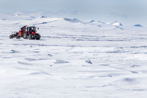 The MF 5610 expedition tractor making its way through the mountains.