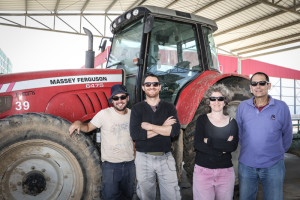 Nahar, who is in charge of potatoes at Kibbutz Nirim (second from left), with Omer Glili (far left), a part-time farm worker when he’s not working on his Ph.D.; Ofra Razz, who is in charge of Nirim’s pest management; and Ohad Gotshtat, Nirim farm manager.