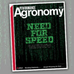 High-tech cover of Fall 2017 issue of AGCO’s Performance Agronomy with data stream image.