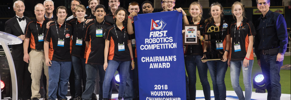 Kell Robotics team with their Chairman’s Award at the FIRST Robotics Competition in Houston